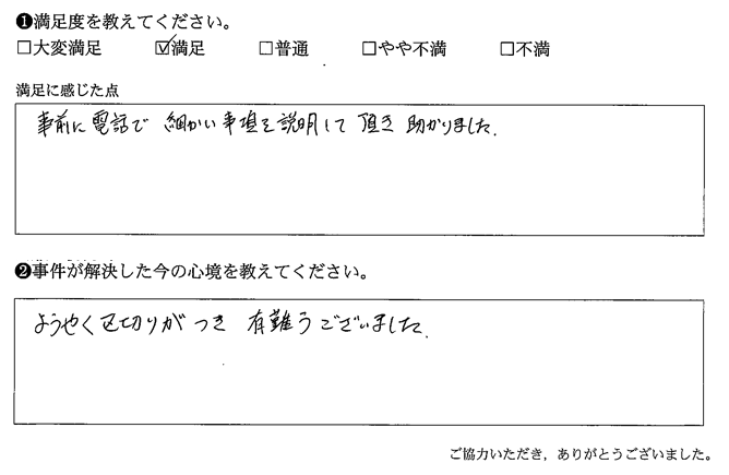 事前に電話で細かい事項を説明して頂き助かりました