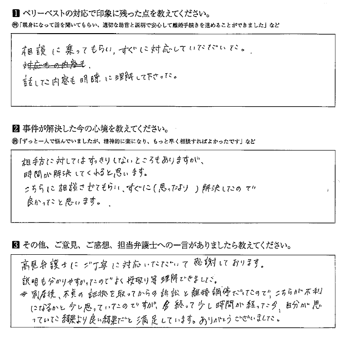 明瞭な理解と丁寧な対応で、すぐに解決し、良い結果で満足しています